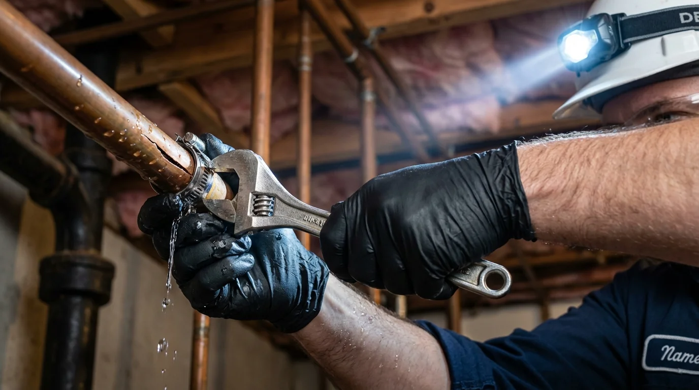 Emergency pipe clamp repair being performed by a Johns Plumbing LLC plumber in Stanfield