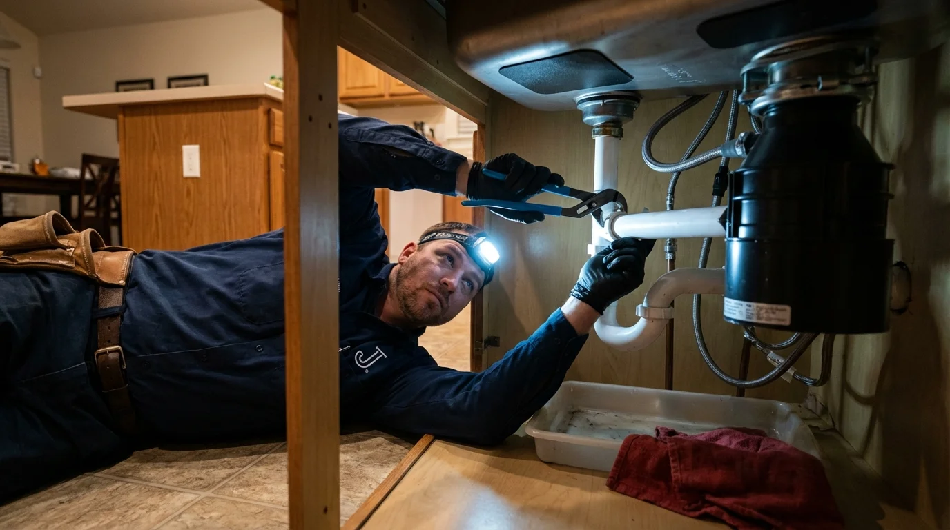 P-trap and supply line connections under a kitchen sink showing a common leak point in Stanfield, OR